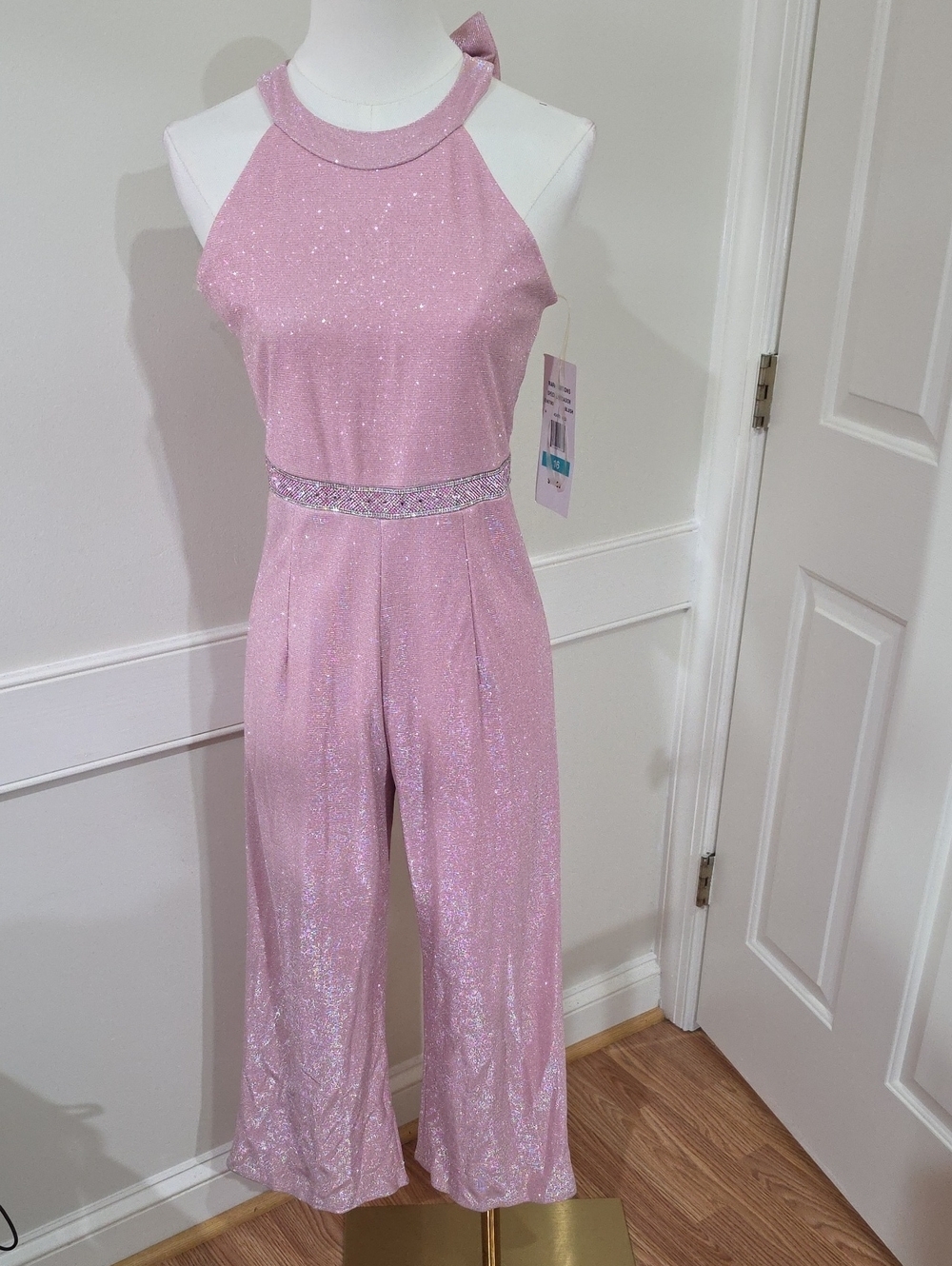 NWT Rare Editions Girls Sparkly Halter Jumpsuit with Rhinestone Waist - Size 16